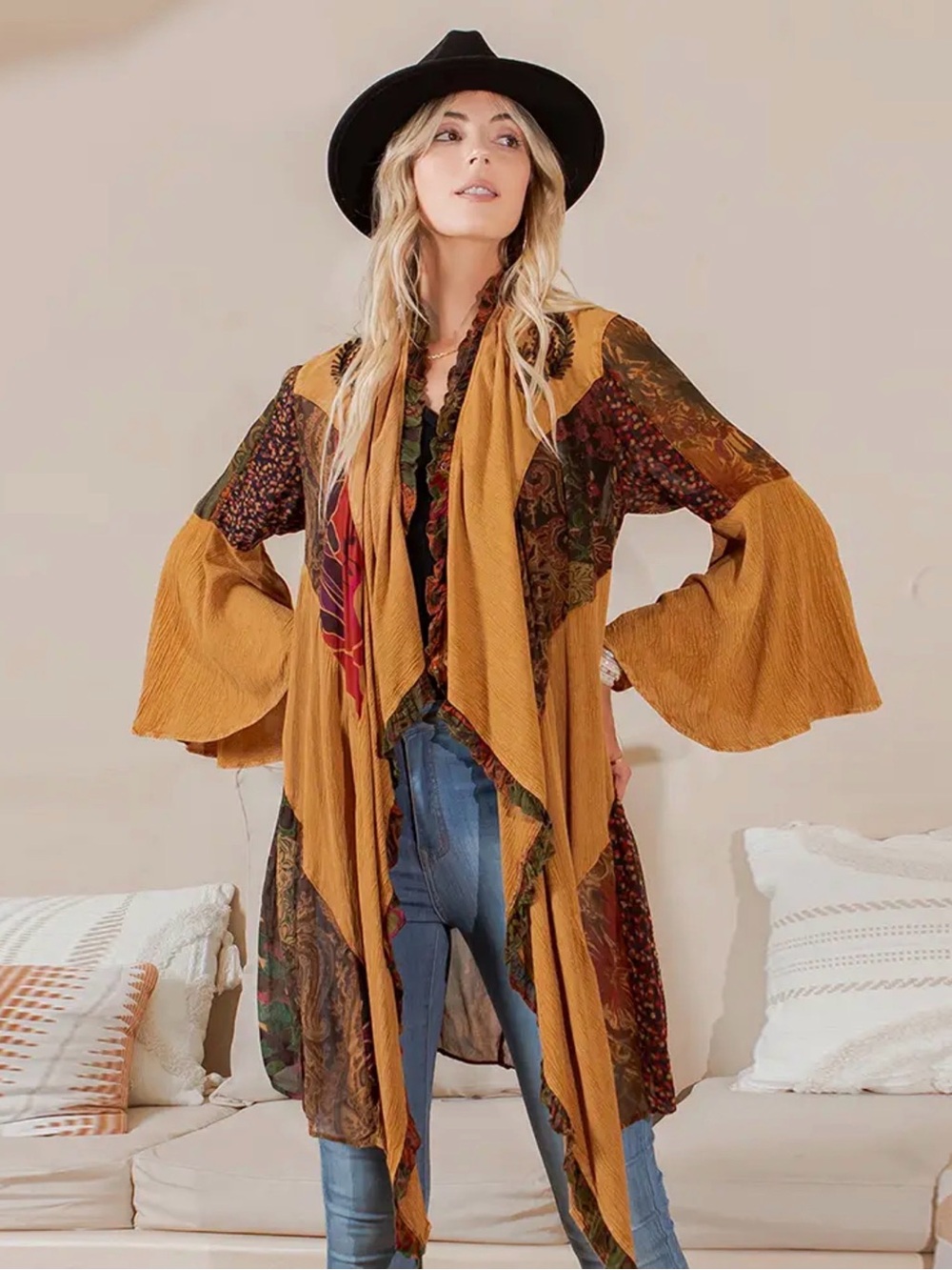 Bohemian Mustard Patchwork Draped Cardigan